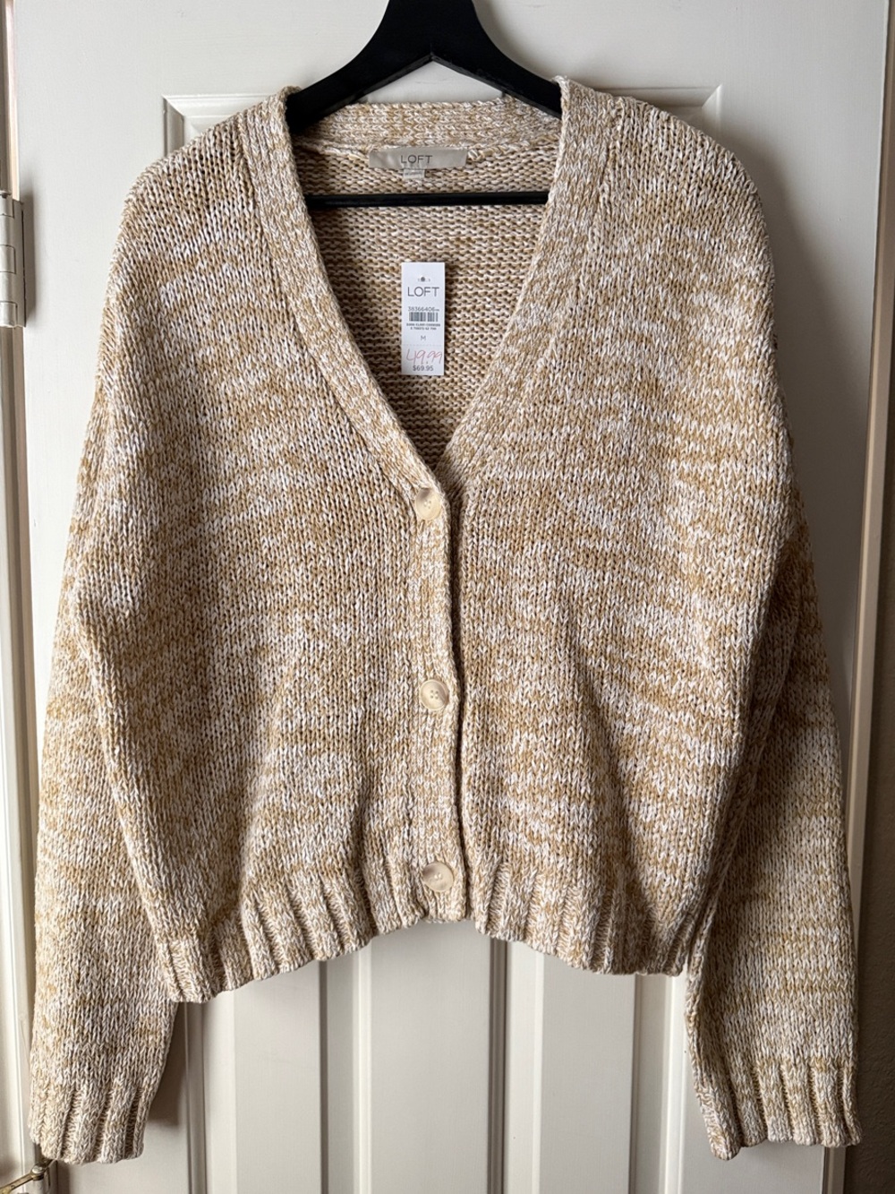 LOFT Cream and Tan Marled V-Neck Button Cardigan
